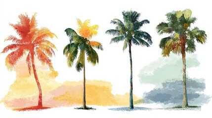 Four Colorful Palm Trees with Watercolor Effect Isolated on White Background Summer Holiday Vacation Theme Tropical Nature Beach