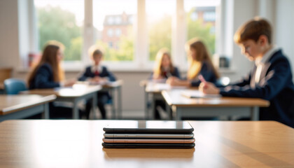 Stack of Mobile Phones in Classroom – Students Focused on Learning Without Devices