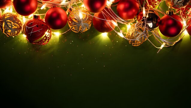 Festive red ornaments and warm christmas lights create a holiday atmosphere