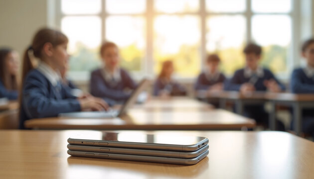 Stack of Mobile Phones in Classroom &ndash; Students Focused on Learning Without Devices