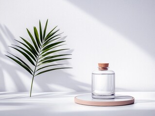 A clear glass bottle with a cork stopper sits on a wooden coaster next to a green palm frond, with soft shadows on a white wall.