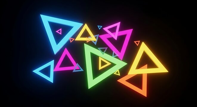 Abstract background of glowing neon triangles in vibrant, colorful hues floating against a dark, black backdrop, creating a futuristic visual effect
