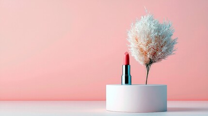 A single pink lipstick stands upright on a white cylindrical pedestal next to a delicate, fluffy white plant, set against a soft pink backdrop.