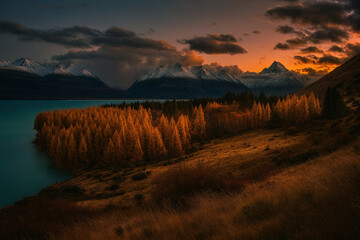 Eine Landschaft in den Bergen w&auml;hrend der Herbstzeit in der Abendd&auml;mmerung
