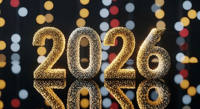 Happy New Year 2026 celebration with shiny numbers and bokeh lights background