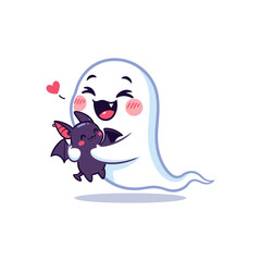 Cute Cartoon Ghost Hugging Little Purple Bat.