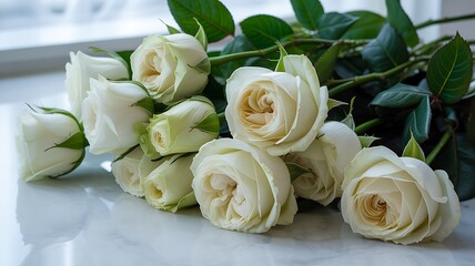 Obraz premium Bunch of delicate white roses resting on a marble surface