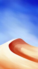 A minimalist desert landscape featuring a prominent sand dune with warm tones against a vibrant blue sky.