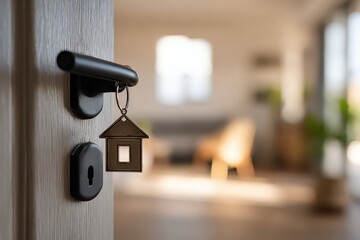 Open Door with House-Shaped Key Chain Revealing Bright Interior with Soft Focus