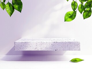 A clean, minimalist display podium with a textured surface is bathed in soft natural light, with green leaves framing the scene.