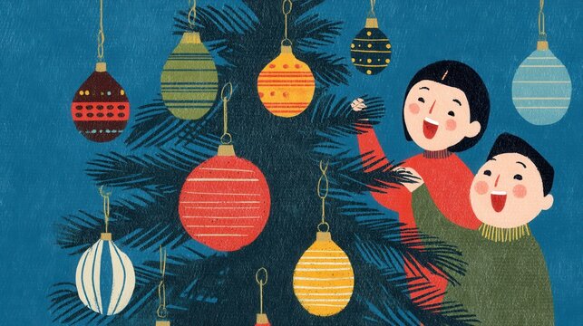 Illustration of two happy children decorating a Christmas tree with colorful ornaments. The mood is joyful and festive, perfect for holiday cards, banners, or seasonal designs.