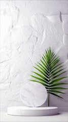 A minimalist display setup featuring a white textured podium, a marble circle, and a green palm leaf against a textured white wall.