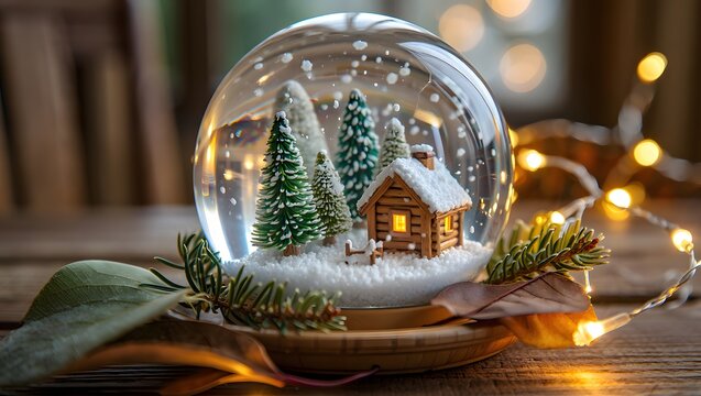 Cozy winter scene inside a snow globe with twinkling lights - Powered by Adobe