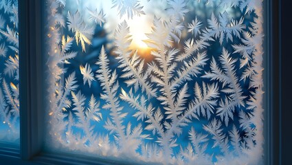 Sunlight shines through intricate frost patterns on a window pane