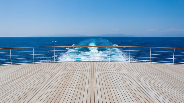Cruise ship deck view over ocean with blue sky background