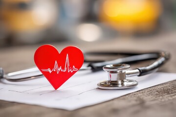 Red Heart Shape with EKG Graph Overlay Stethoscope on Wooden Surface in Soft Focus