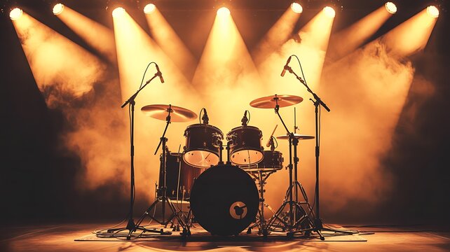 Drum set with microphones on stage in dramatic lighting and fog