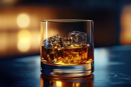 A dark, moody scene with a whiskey glass filled with amber liquid, surrounded by ice cubes and a blurred background of warm lights. - Powered by Adobe