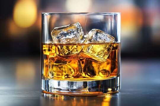 A glass of whiskey with ice cubes, set against a blurred background of bokeh lights.