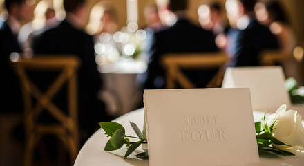 Elegant dinner table with place cards and floral arrangement in soft light  
