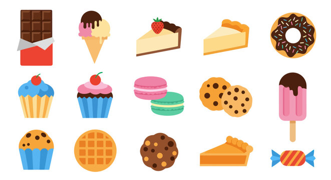 Assortment of desserts chocolate bar ice cream cake cupcakes cookies candy and more