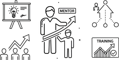 Hand drawn business mentorship and training concepts in black and white