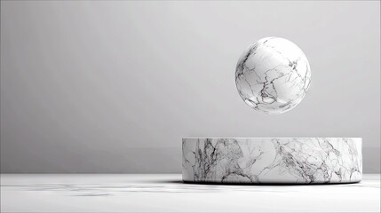 A white marble sphere with grey veining floats above a cylindrical marble pedestal in a clean, minimalist studio setting.