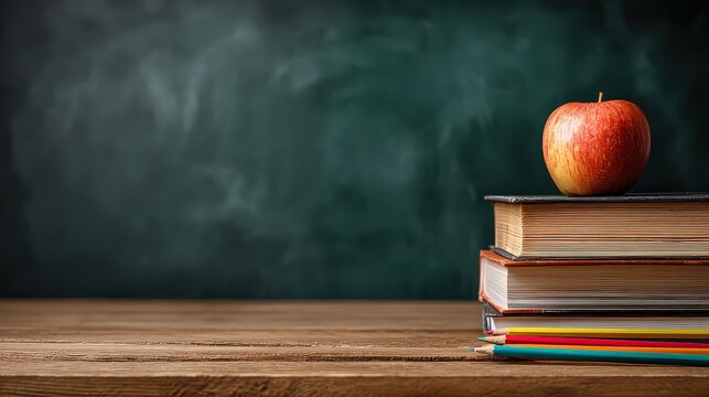 Red Apple Resting Atop Stack Of Textbooks Near Dark Green Chalkboard For School Concept In Dimly Lit Classroom