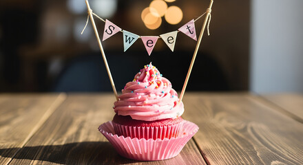 Red velvet cupcake with pink frosting and sweet banner decoration  
