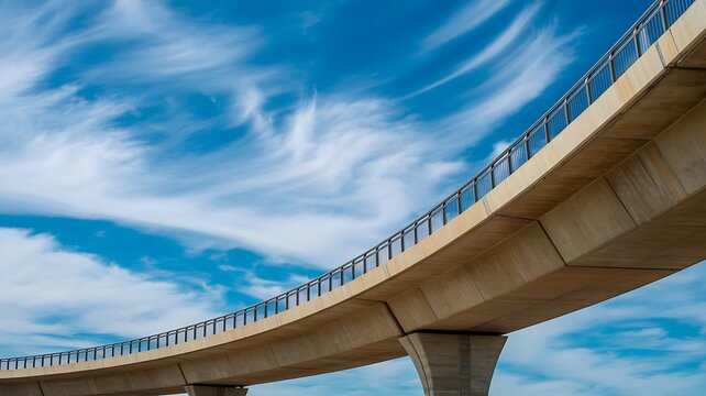Elevated Concrete Highway Bridge Curving into the Distance Under a Cloudy Sky
