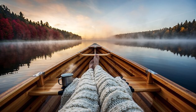 A person relaxing in a wooden canoe with a warm blanket on a calm, misty lake at sunrise.
