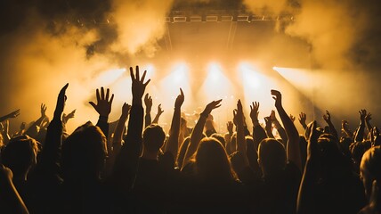 Fototapeta premium Excited crowd raises hands at music festival event celebration atmosphere