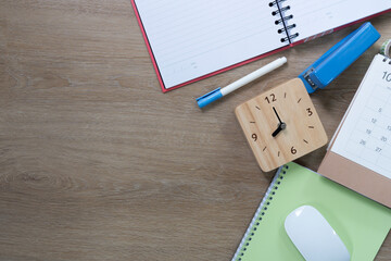 Engineer or architect desk with stationery on wooden table background in the office, project ideas concept