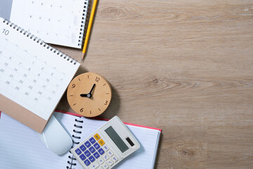 Engineer or architect desk with stationery on wooden table background in the office, project ideas concept