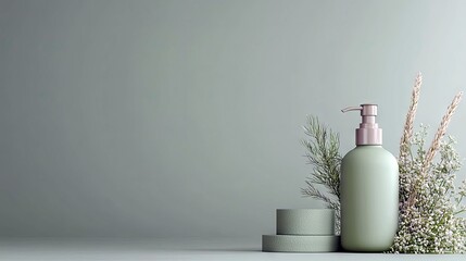 A minimalist product display features a sage green pump bottle surrounded by delicate dried flowers and greenery, set against a soft gray background.