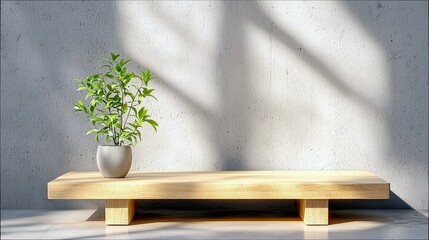 A simple, modern arrangement featuring a small green plant in a gray pot placed on a light wood bench, set against a rough, white wall with shadows.