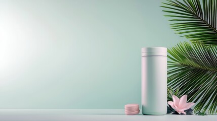 A minimalist product display featuring a white bottle, a pink flower, and palm fronds on a light surface.