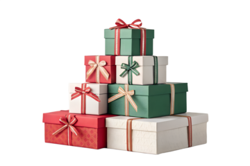 A clean and minimalist stack of Christmas present boxes arranged in a simple pyramid shape. Each box is wrapped in soft holiday colors and tied with elegant ribbons. Modern and aesthetic style perfect