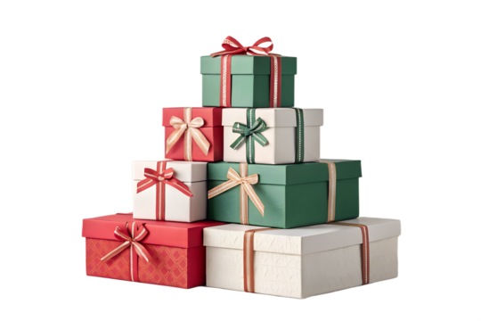 A clean and minimalist stack of Christmas present boxes arranged in a simple pyramid shape. Each box is wrapped in soft holiday colors and tied with elegant ribbons. Modern and aesthetic style perfect