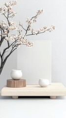 A serene display featuring delicate cherry blossom branches and two white ceramic vases arranged on a light-colored wooden platform.