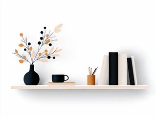 A clean, modern shelf displays a black vase with a stylized branch, a black coffee cup on a book, and a set of books with pencils.