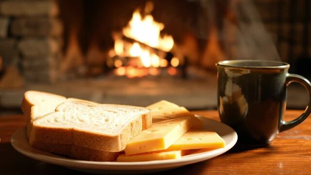 A plate of bread and cheese sits beside a mug of coffee set against a backdrop of a warm fireplace