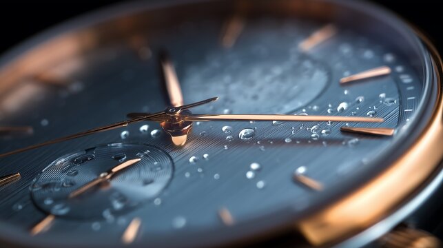 Close-up of wristwatch with water droplets