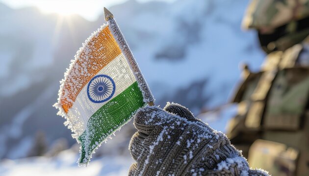 Indian Flag in Frosty Hand Snowy Mountain Backdrop.
