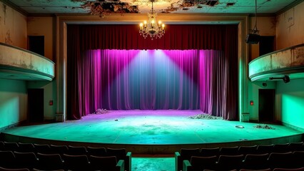 Decaying theater stage with velvet curtains and chandelier