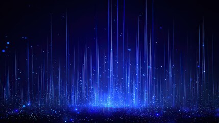 Abstract Digital Data Stream with Vertical Glowing Lines and Blue Particles Against Dark Backdrop