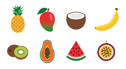 Assortment of fresh fruits pineapple mango coconut banana kiwi papaya