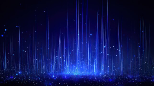 Abstract Digital Data Stream with Vertical Glowing Lines and Blue Particles Against Dark Backdrop