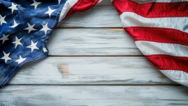 Video A classic American flag laid flat on a rustic wooden table