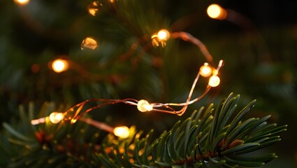 Warm twinkling fairy lights adorn a dark green fir tree branch